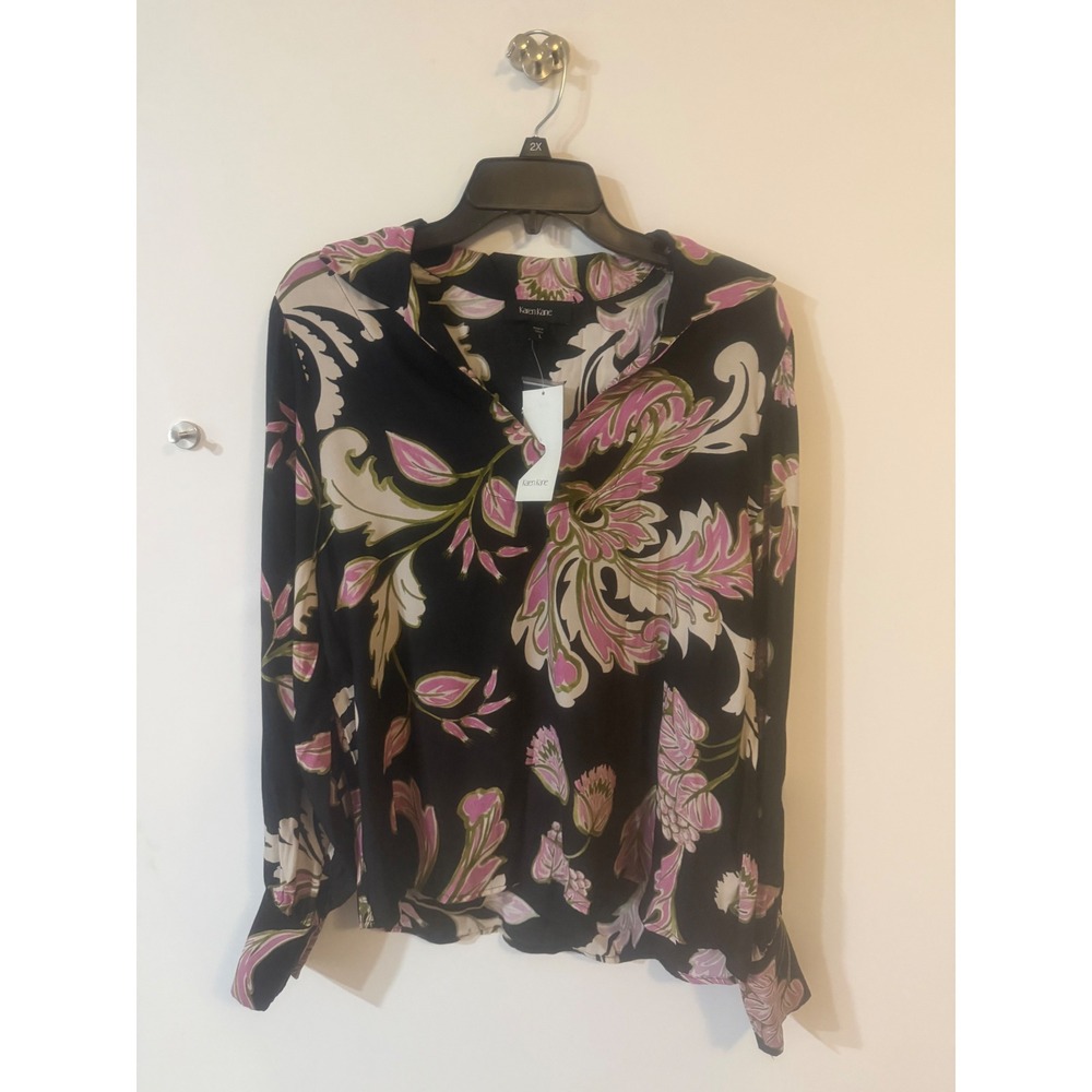 Karen Kane Pink Shimmer Blouson Top Floral Paisley Black Viscose Blouse  L